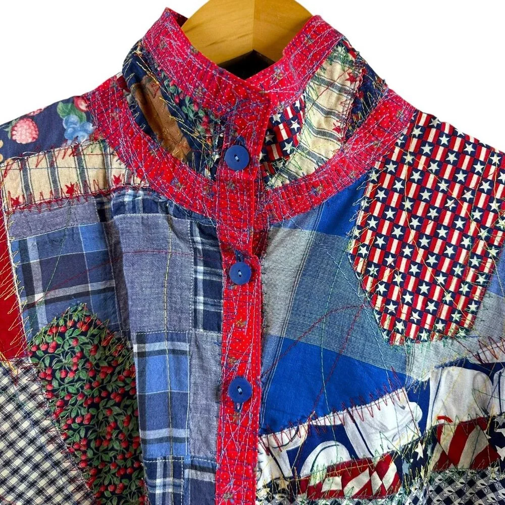 Vtg Kay Louise OOAK Red White Blue Patchwork Cotton Jacket Boho Handmade M/L - Picture 4 of 6